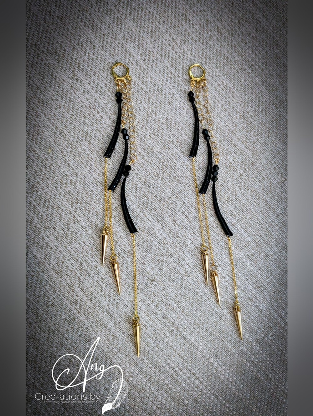 Elegant Gold and Black Shell Dangle Spike Earrings